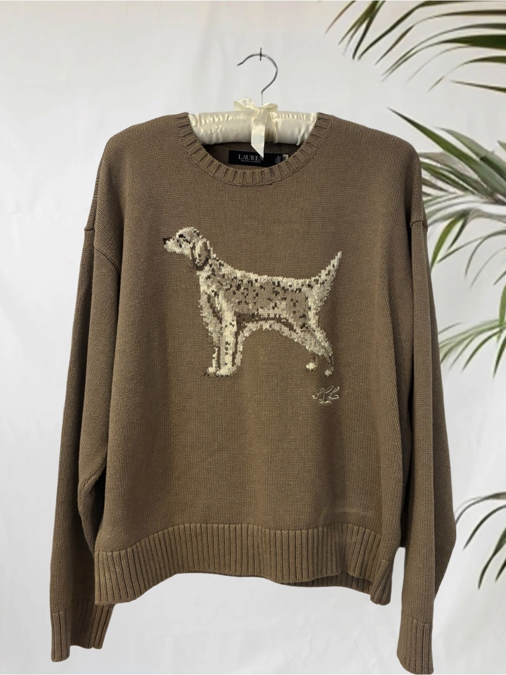 Lauren Ralph Lauren Taupe Crewneck Sweater with English Setter Intarsia